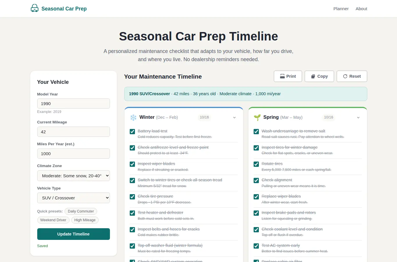 Screenshot of Seasonal Car Prep Timeline interface showing the project page in use